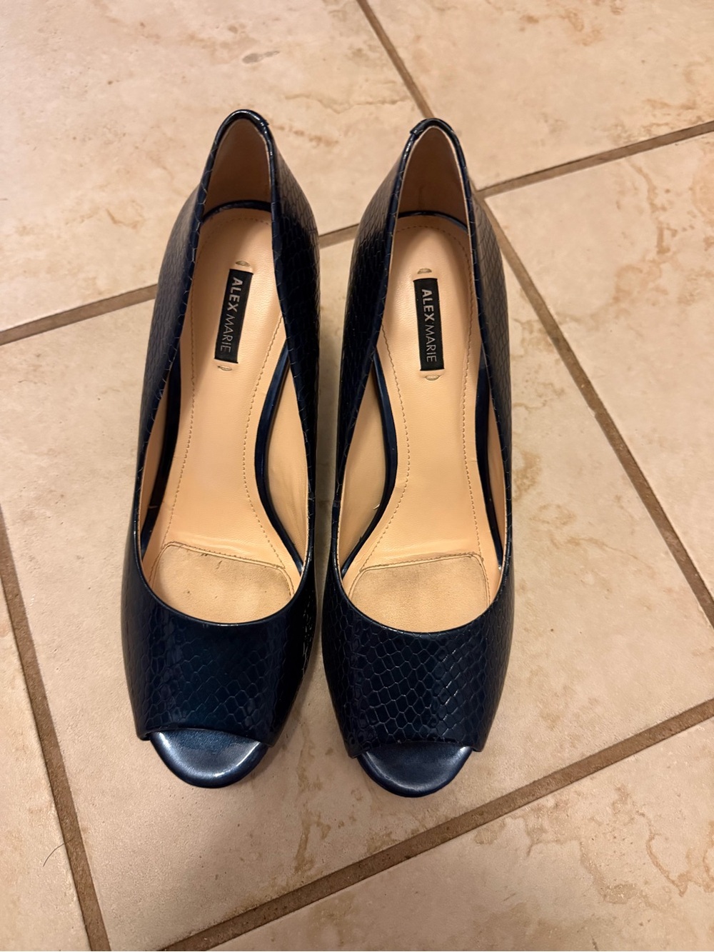 Alex Marie Navy Textured Peep-Toe Heels